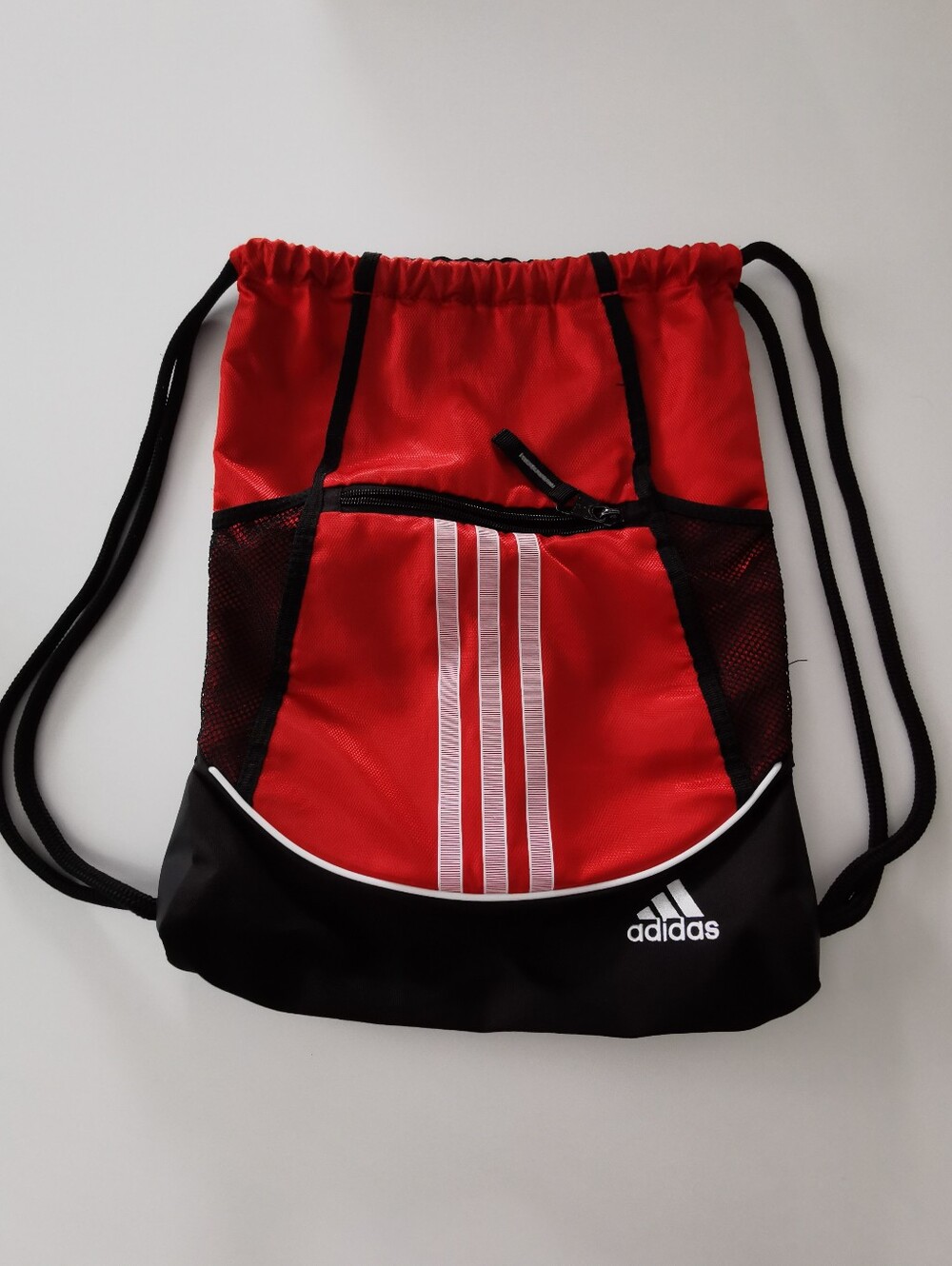 Adidas Drawstring Backpack Red And Black Iconic White Stripe Logo Bag